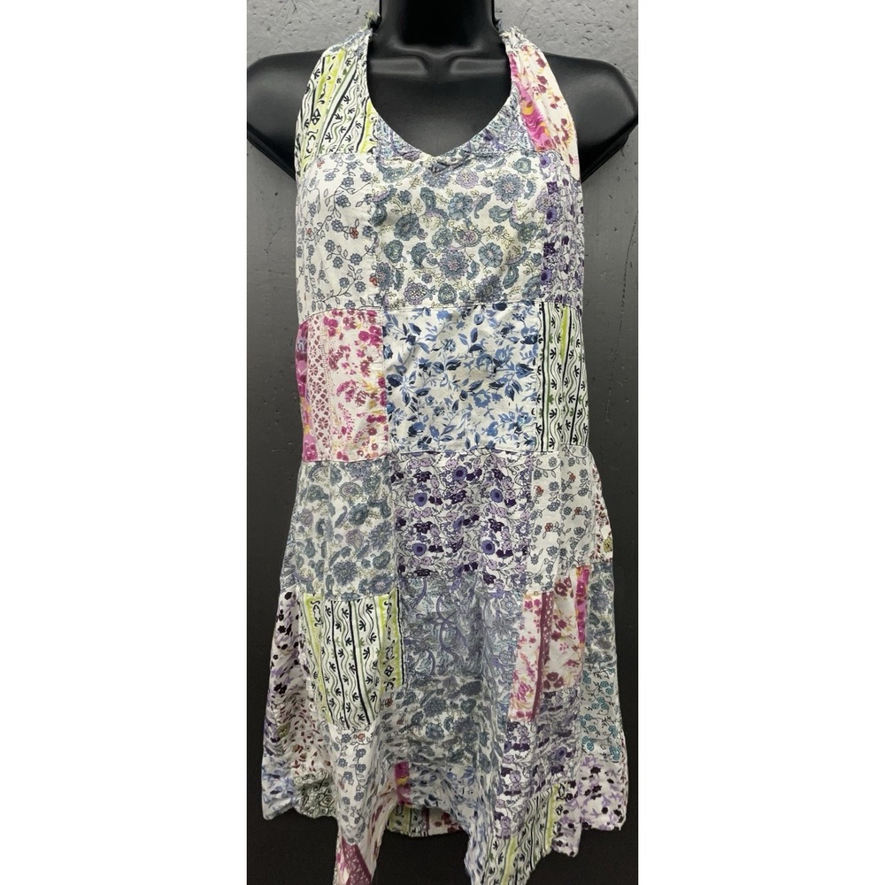Cotton Halter Dress M Multicolor Patchwork Floral Flare Boho Coastal Cottage